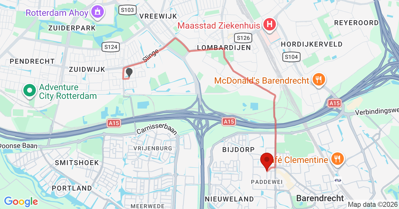 Kaart van het incident in Barendrecht met de aanrijroutes van de gealarmeerde eenheden