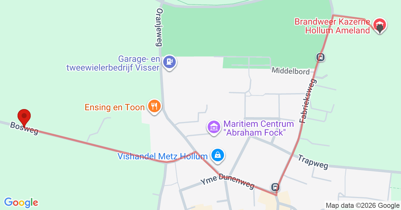 Kaart van het incident in Hollum met de aanrijroutes van de gealarmeerde eenheden