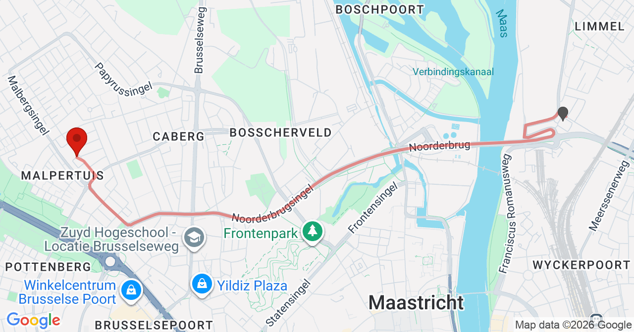 Kaart van het incident in Maastricht met de aanrijroutes van de gealarmeerde eenheden