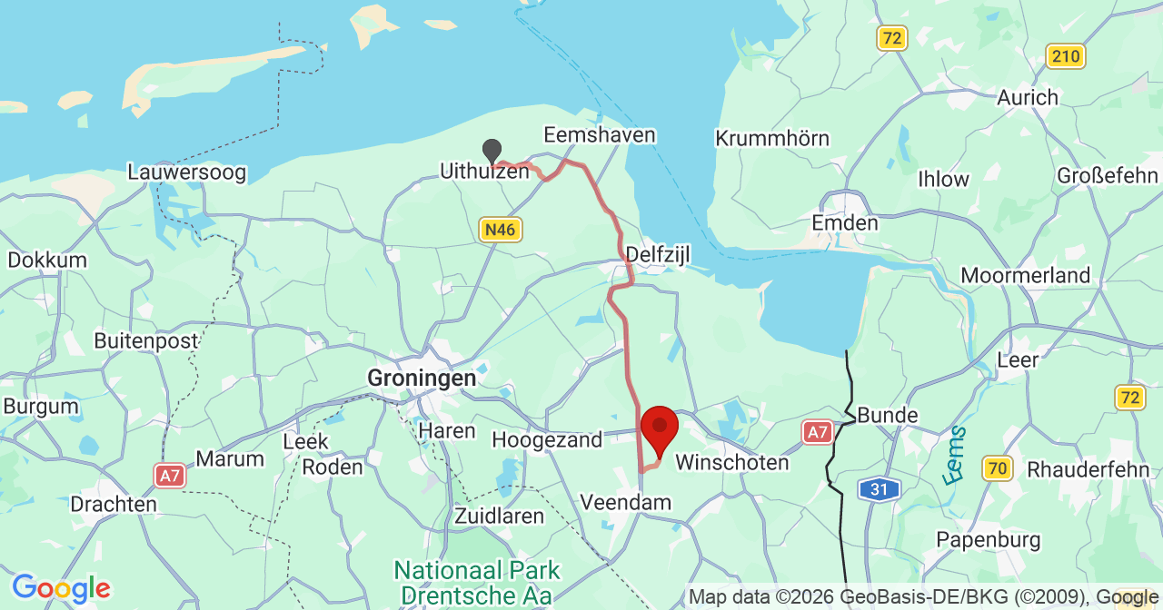 Kaart van het incident in Meeden met de aanrijroutes van de gealarmeerde eenheden