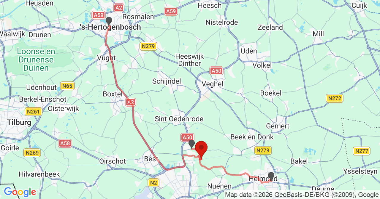 Kaart van het incident in Son en Breugel met de aanrijroutes van de gealarmeerde eenheden