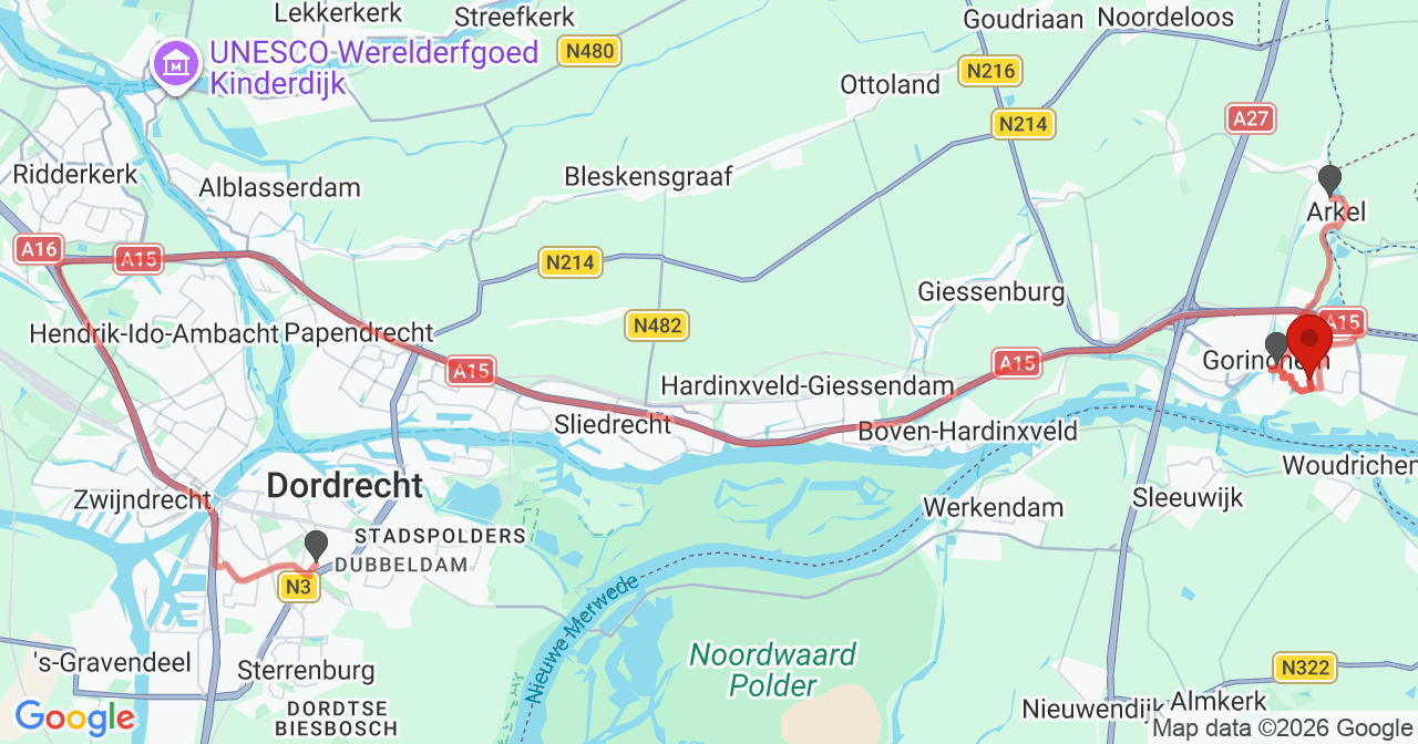 Kaart van het incident in Gorinchem met de aanrijroutes van de gealarmeerde eenheden