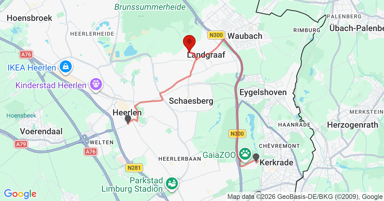 Kaart van het incident in Landgraaf met de aanrijroutes van de gealarmeerde eenheden