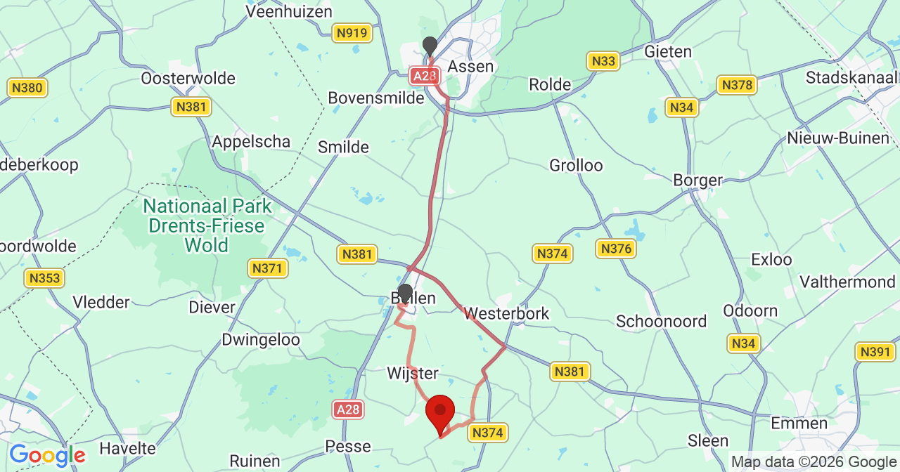 Kaart van het incident in Drijber met de aanrijroutes van de gealarmeerde eenheden