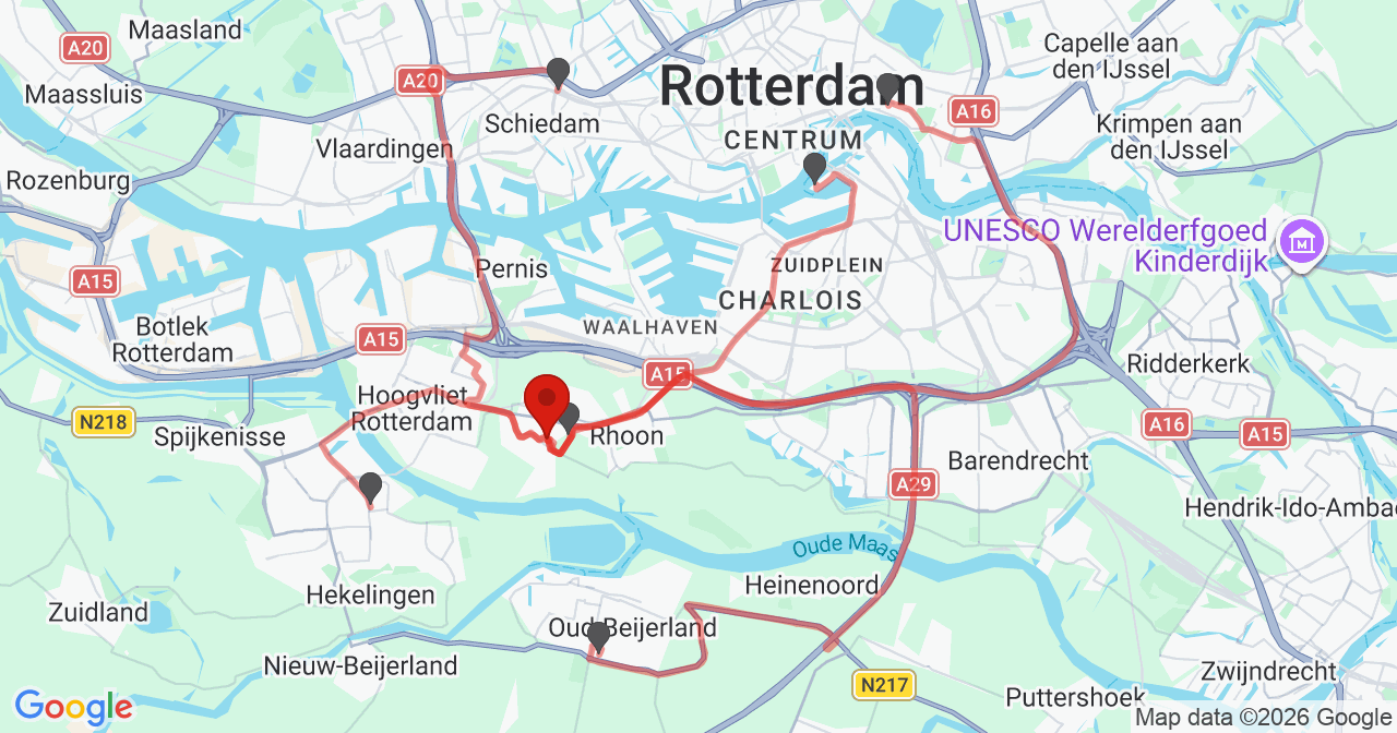 Kaart van het incident in Poortugaal met de aanrijroutes van de gealarmeerde eenheden