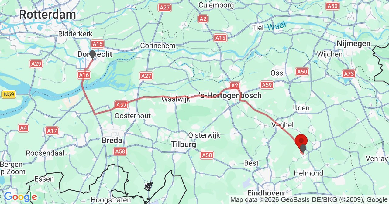 Kaart van het incident in Beek en Donk met de aanrijroutes van de gealarmeerde eenheden