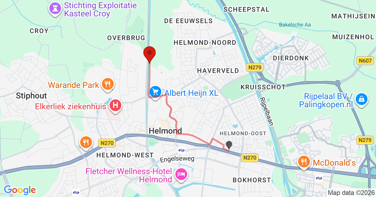 Kaart van het incident in Helmond met de aanrijroutes van de gealarmeerde eenheden