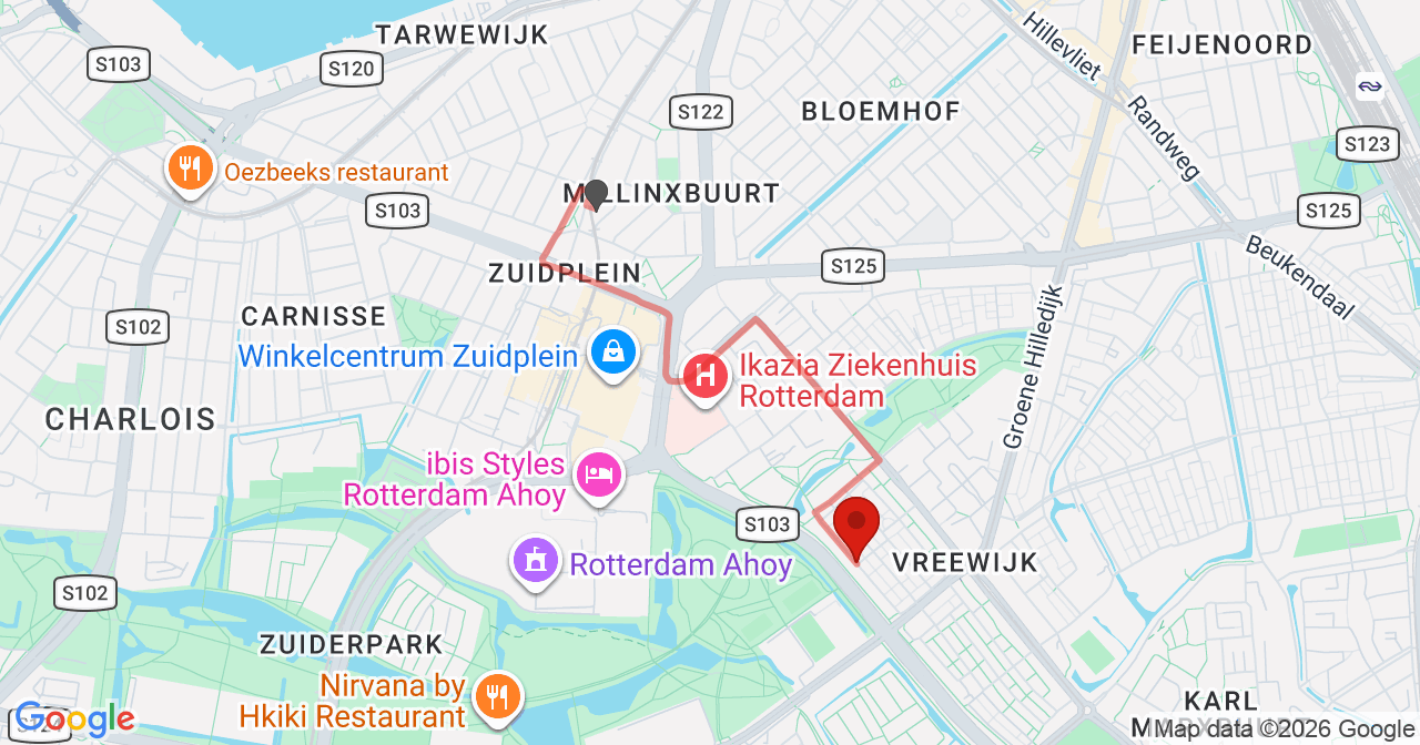 Kaart van het incident in Rotterdam met de aanrijroutes van de gealarmeerde eenheden