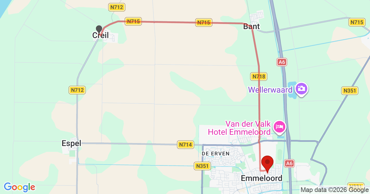 Kaart van het incident in Emmeloord met de aanrijroutes van de gealarmeerde eenheden