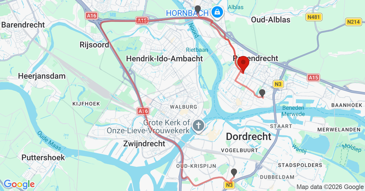 Kaart van het incident in Papendrecht met de aanrijroutes van de gealarmeerde eenheden