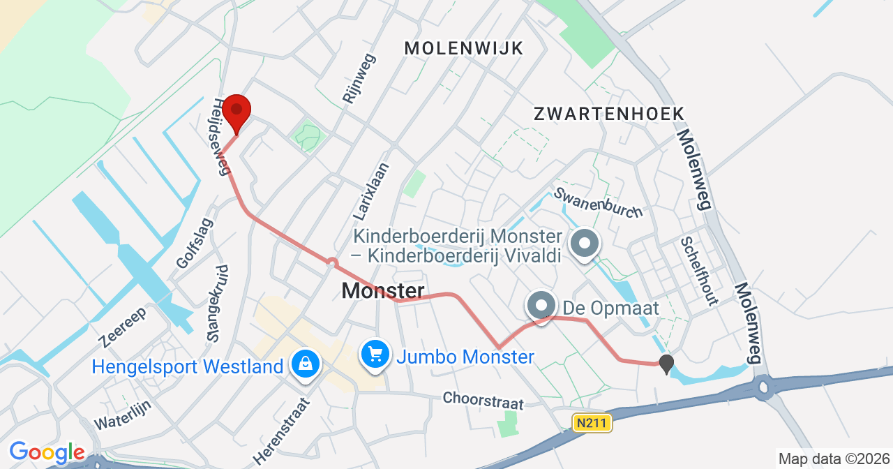 Kaart van het incident in Monster met de aanrijroutes van de gealarmeerde eenheden