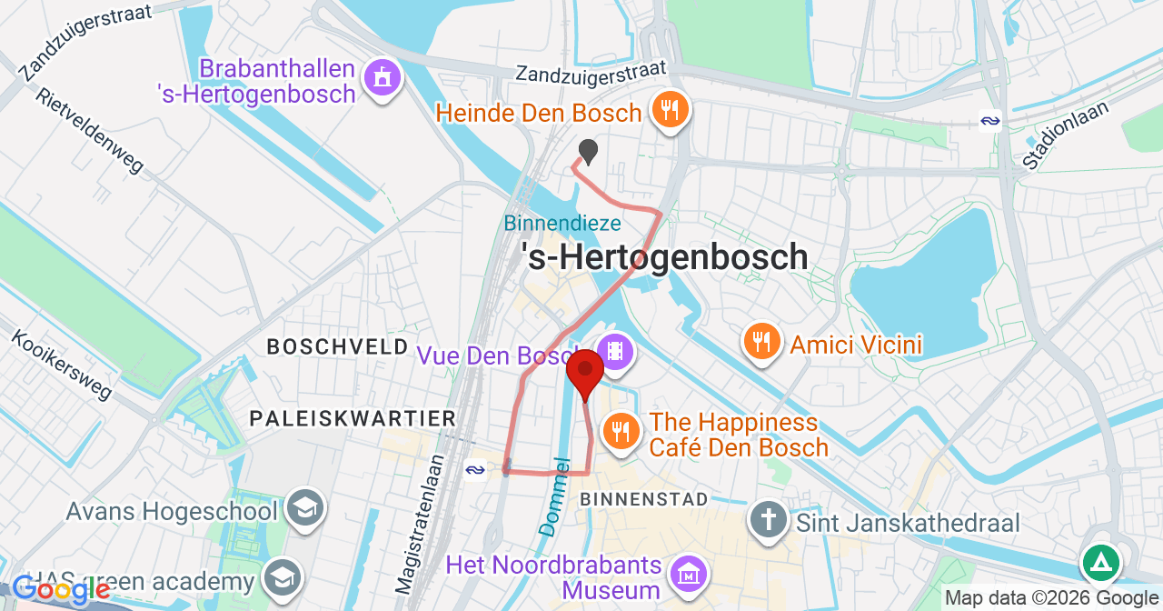 Kaart van het incident in 's-Hertogenbosch met de aanrijroutes van de gealarmeerde eenheden
