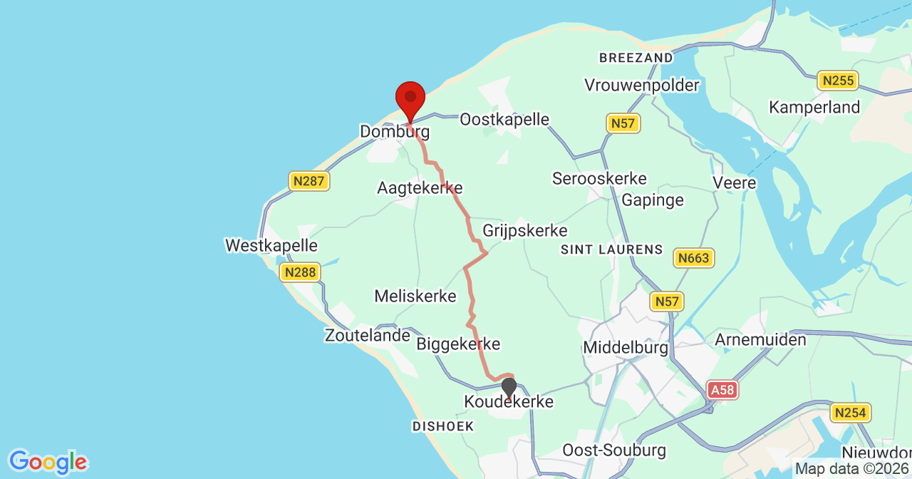 Kaart van het incident in Domburg met de aanrijroutes van de gealarmeerde eenheden