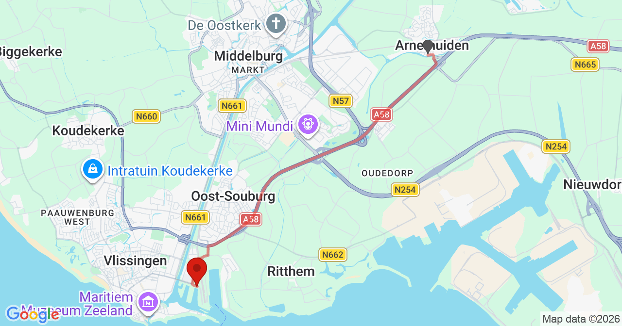 Kaart van het incident in Vlissingen met de aanrijroutes van de gealarmeerde eenheden