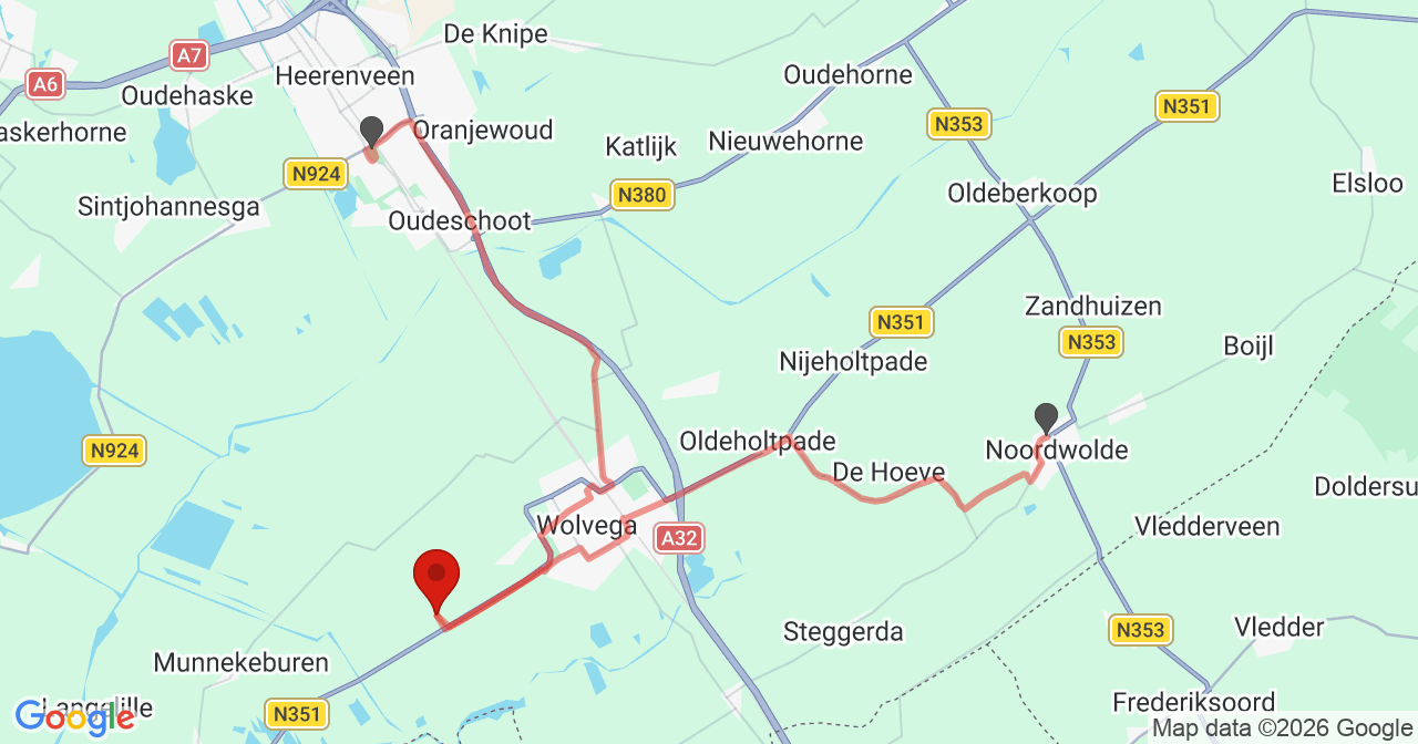 Kaart van het incident in Oldetrijne met de aanrijroutes van de gealarmeerde eenheden