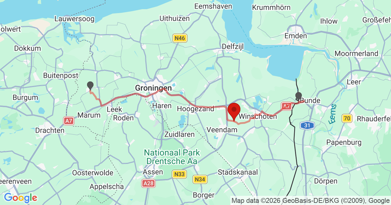 Kaart van het incident in Meeden met de aanrijroutes van de gealarmeerde eenheden