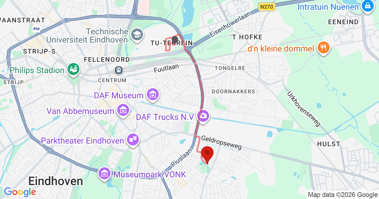 Kaart van het incident in Eindhoven met de aanrijroutes van de gealarmeerde eenheden