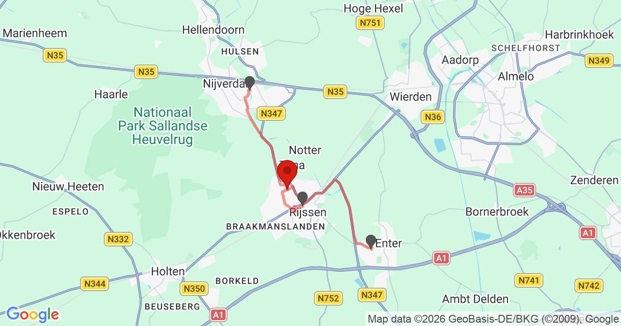 Kaart van het incident in Rijssen met de aanrijroutes van de gealarmeerde eenheden