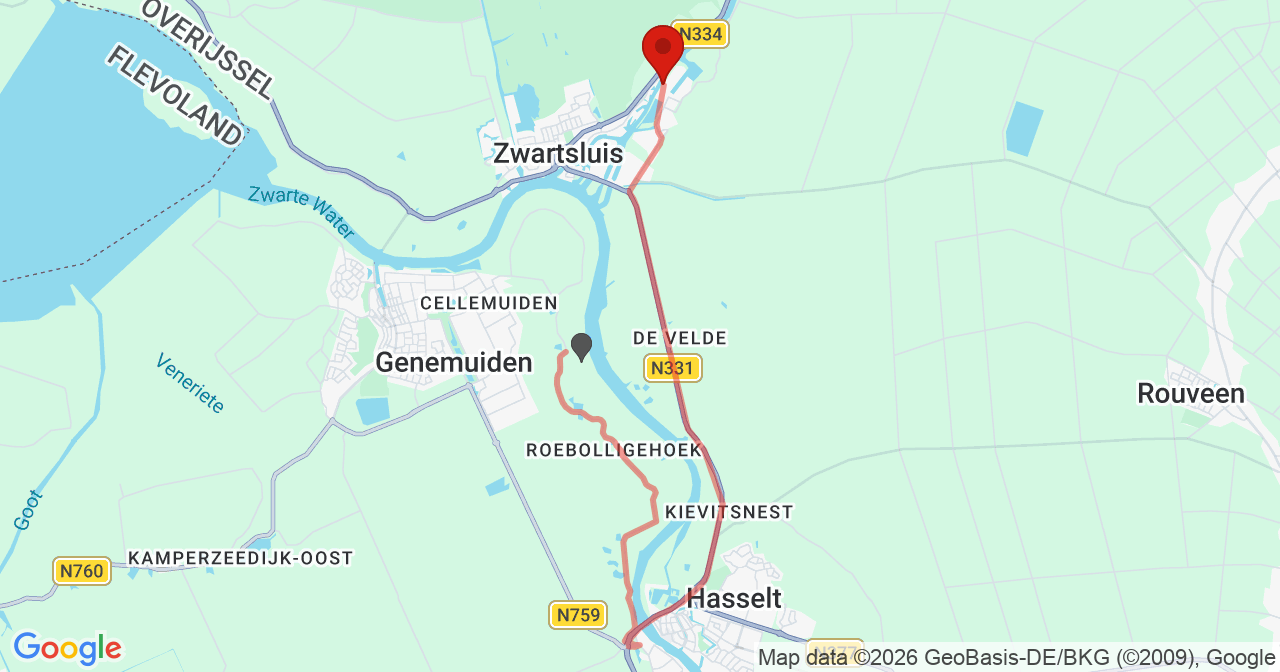 Kaart van het incident in Zwartsluis met de aanrijroutes van de gealarmeerde eenheden