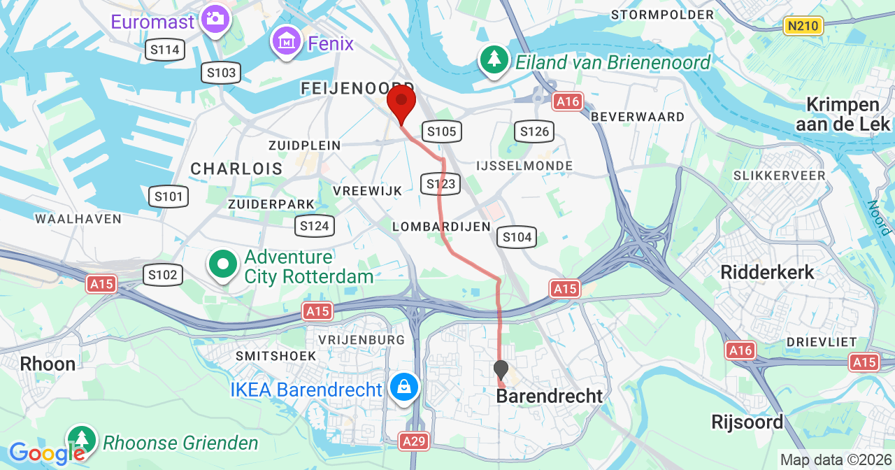 Kaart van het incident in Rotterdam met de aanrijroutes van de gealarmeerde eenheden