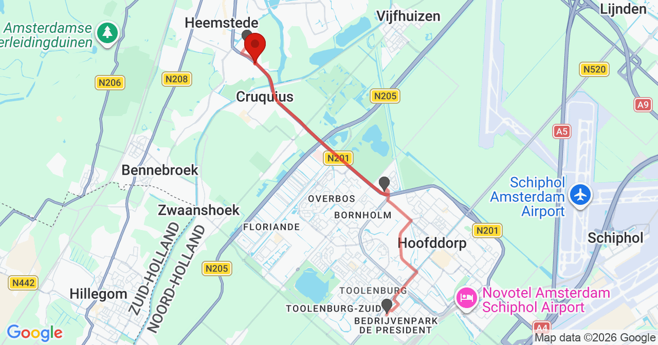Kaart van het incident in Heemstede met de aanrijroutes van de gealarmeerde eenheden
