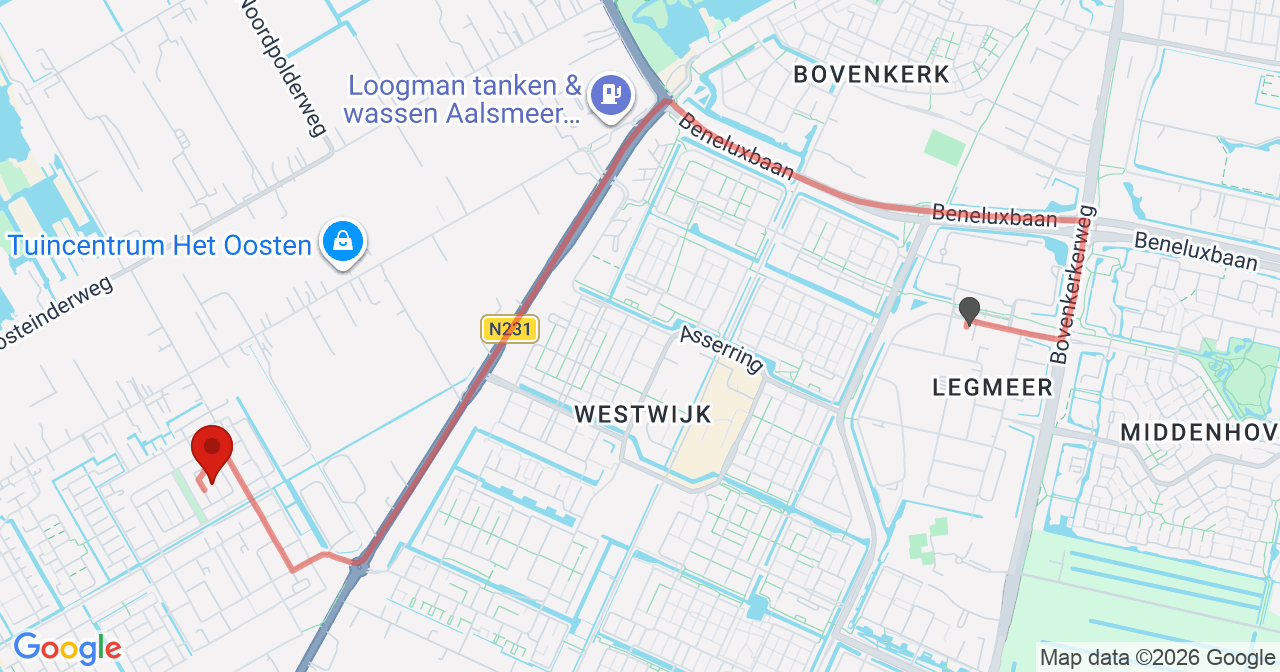 Kaart van het incident in Aalsmeer met de aanrijroutes van de gealarmeerde eenheden