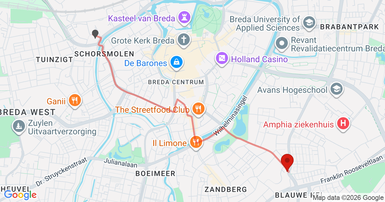 Kaart van het incident in Breda met de aanrijroutes van de gealarmeerde eenheden