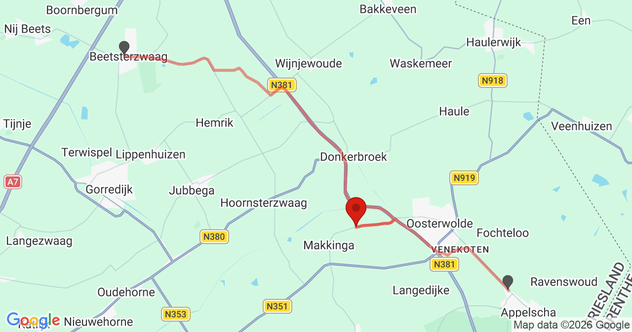 Kaart van het incident in Makkinga met de aanrijroutes van de gealarmeerde eenheden