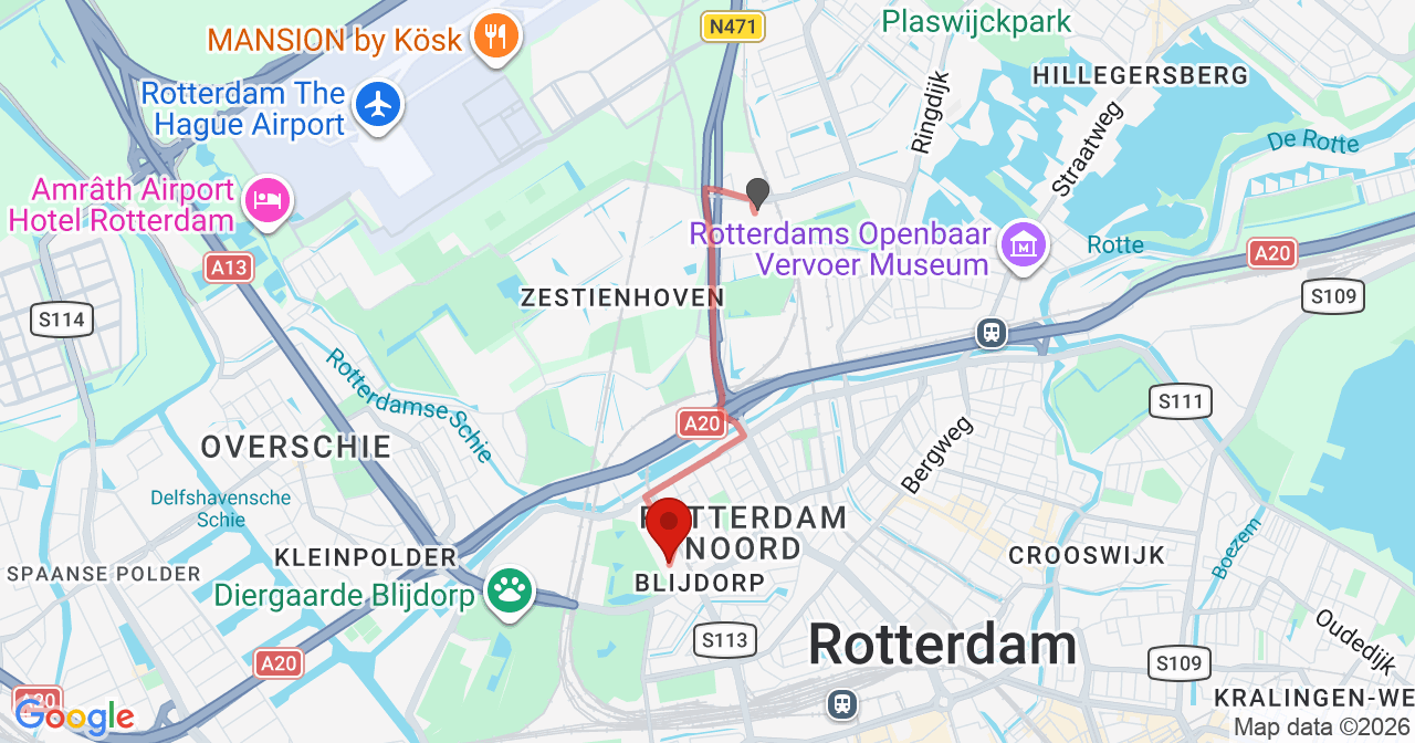 Kaart van het incident in Rotterdam met de aanrijroutes van de gealarmeerde eenheden