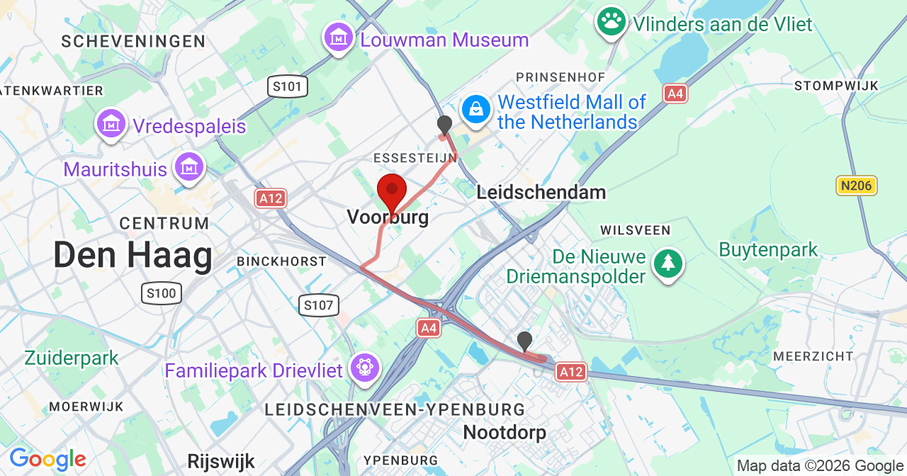 Kaart van het incident in Voorburg met de aanrijroutes van de gealarmeerde eenheden