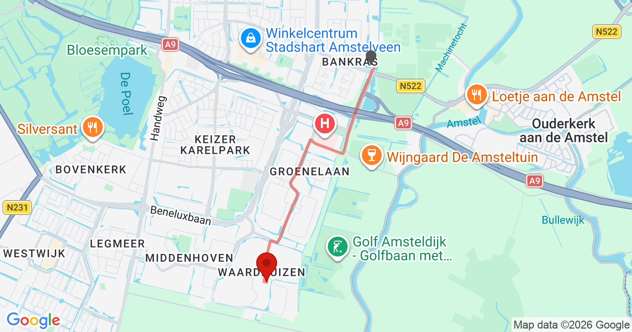 Kaart van het incident in Amstelveen met de aanrijroutes van de gealarmeerde eenheden