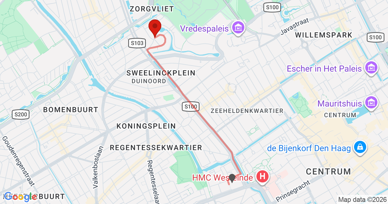Kaart van het incident in 's-Gravenhage met de aanrijroutes van de gealarmeerde eenheden