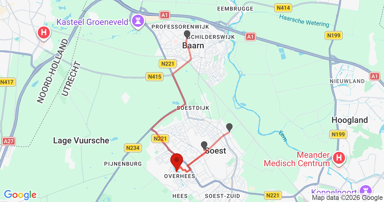 Kaart van het incident in Soest met de aanrijroutes van de gealarmeerde eenheden