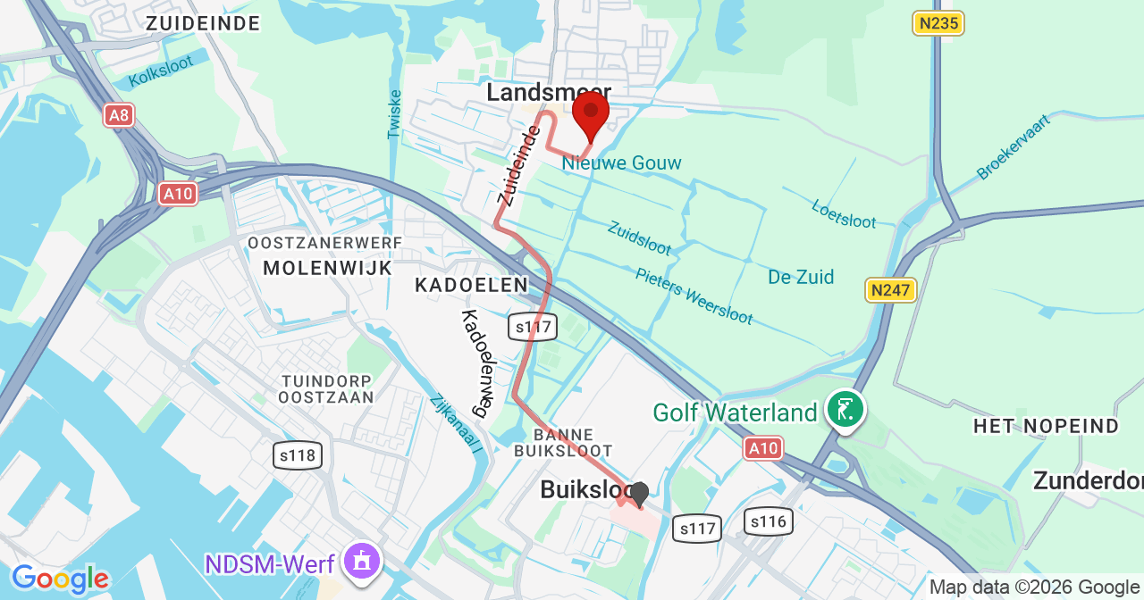 Kaart van het incident in Landsmeer met de aanrijroutes van de gealarmeerde eenheden