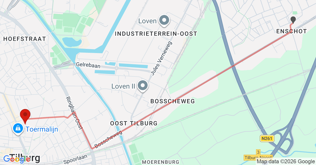 Kaart van het incident in Tilburg met de aanrijroutes van de gealarmeerde eenheden