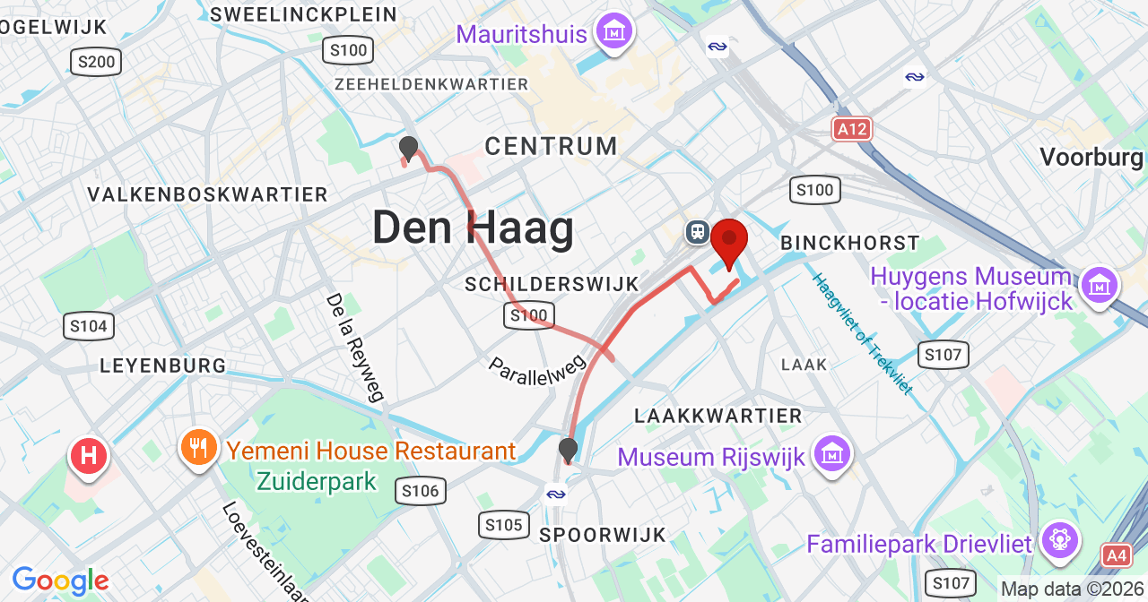 Kaart van het incident in 's-Gravenhage met de aanrijroutes van de gealarmeerde eenheden