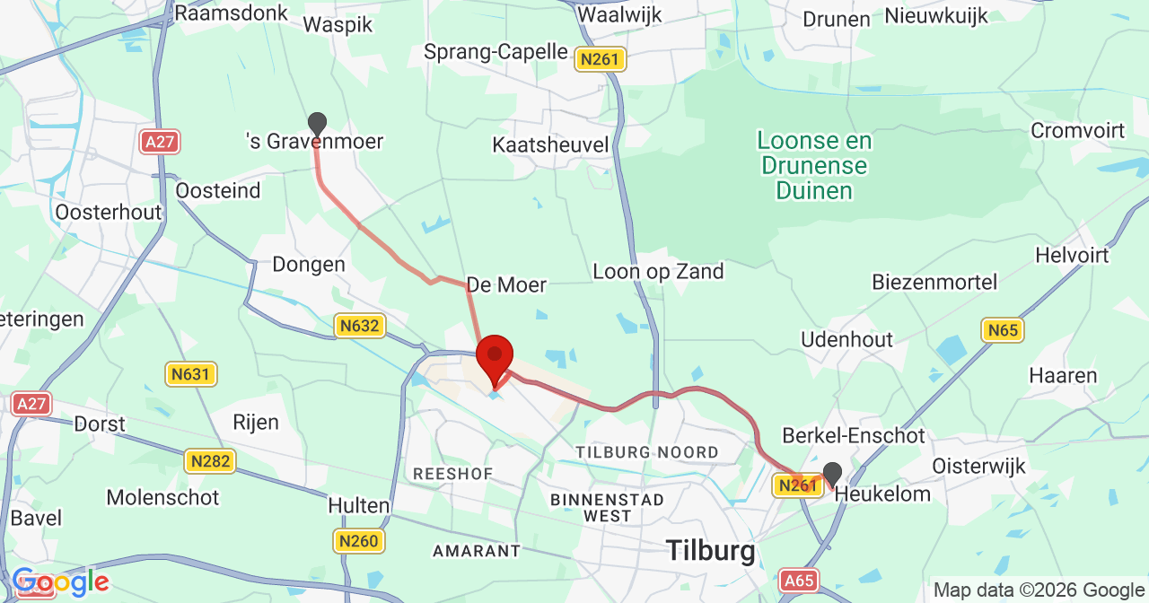 Kaart van het incident in Tilburg met de aanrijroutes van de gealarmeerde eenheden