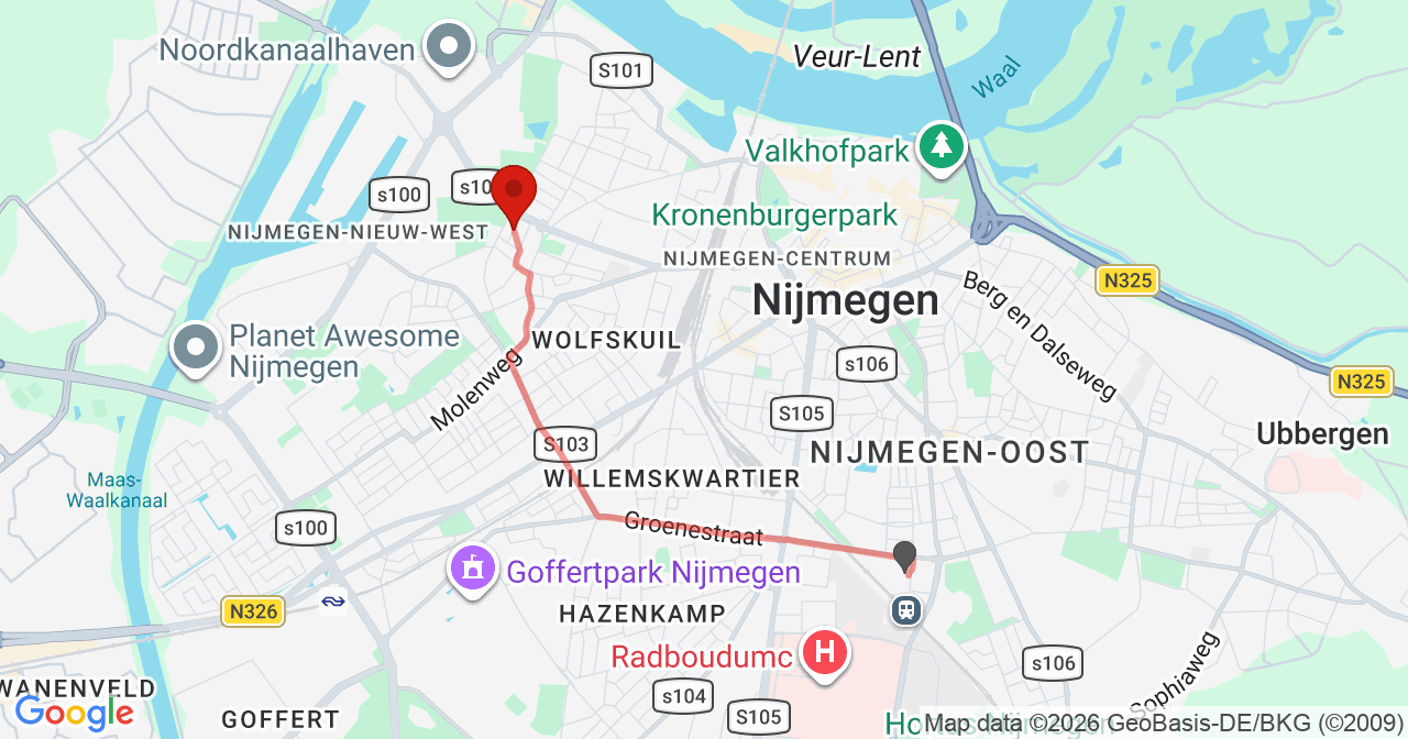 Kaart van het incident in Nijmegen met de aanrijroutes van de gealarmeerde eenheden