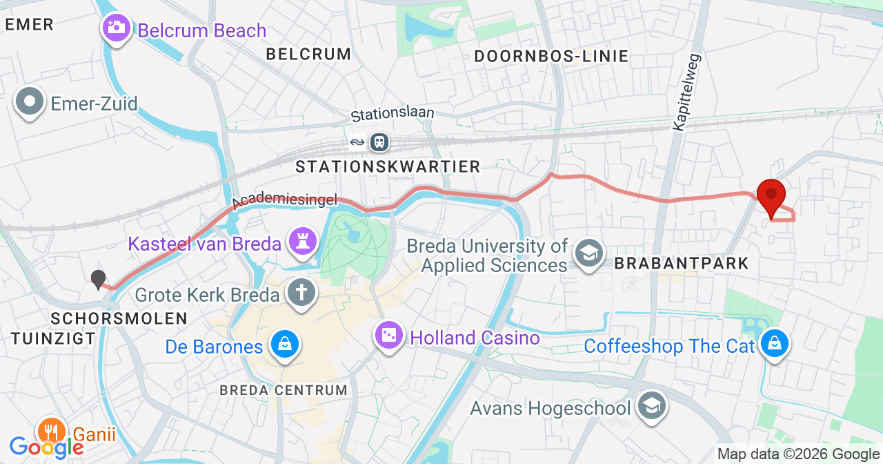 Kaart van het incident in Breda met de aanrijroutes van de gealarmeerde eenheden