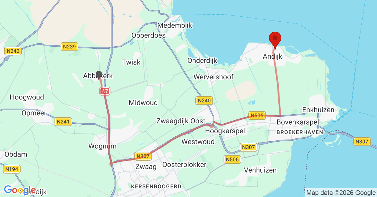 Kaart van het incident in Andijk met de aanrijroutes van de gealarmeerde eenheden