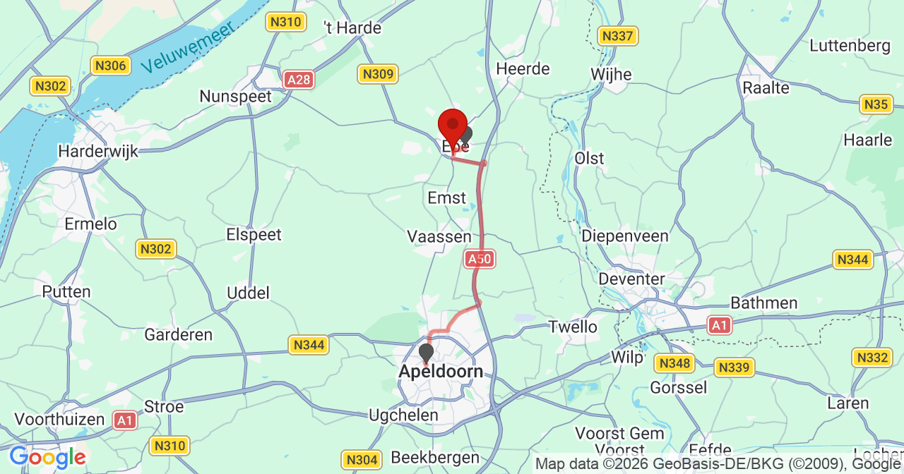 Kaart van het incident in Epe met de aanrijroutes van de gealarmeerde eenheden
