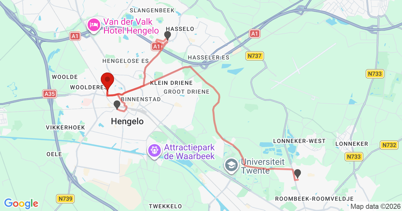Kaart van het incident in Hengelo met de aanrijroutes van de gealarmeerde eenheden