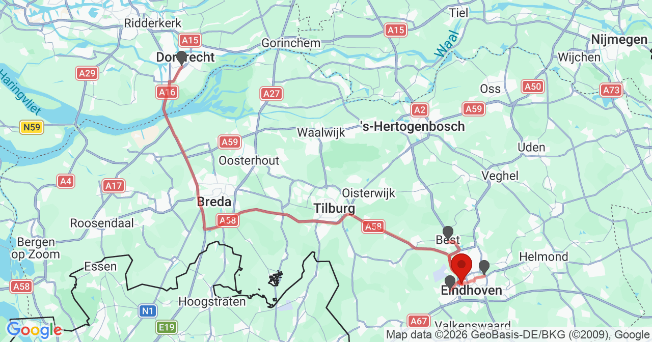 Kaart van het incident in Eindhoven met de aanrijroutes van de gealarmeerde eenheden