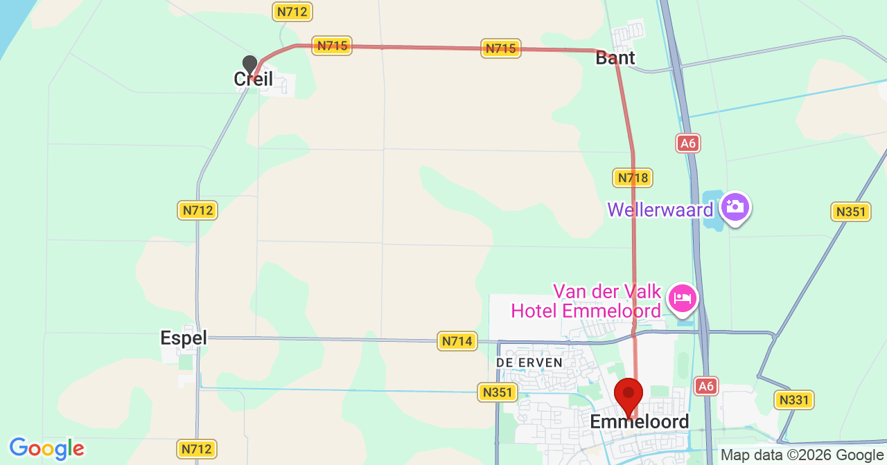 Kaart van het incident in Emmeloord met de aanrijroutes van de gealarmeerde eenheden