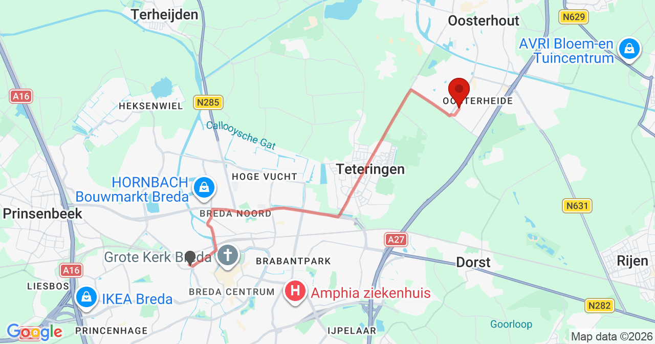Kaart van het incident in Oosterhout NB met de aanrijroutes van de gealarmeerde eenheden