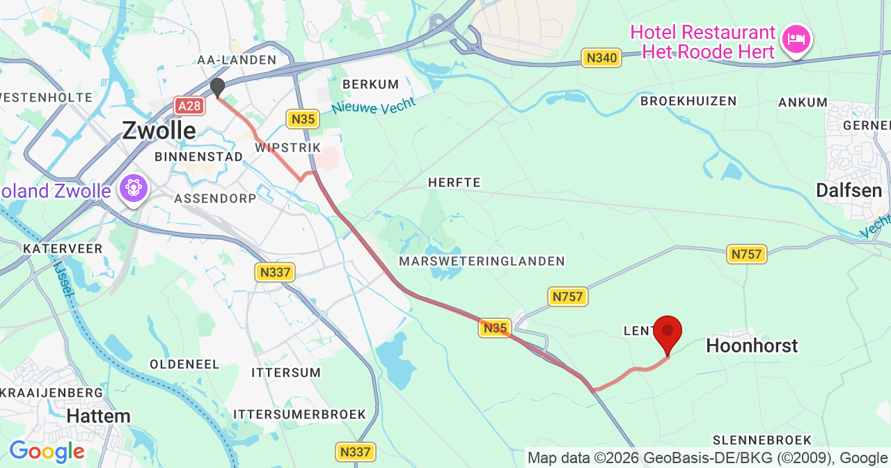 Kaart van het incident in Dalfsen met de aanrijroutes van de gealarmeerde eenheden