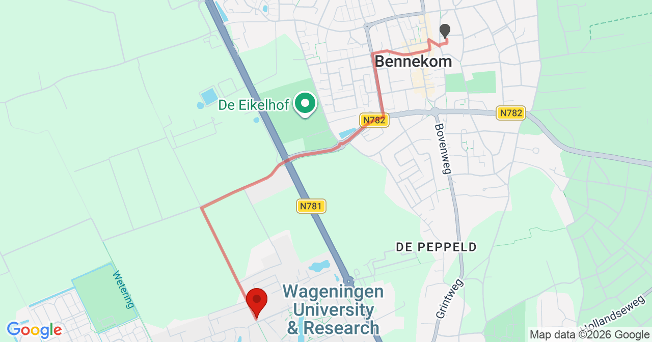 Kaart van het incident in Wageningen met de aanrijroutes van de gealarmeerde eenheden