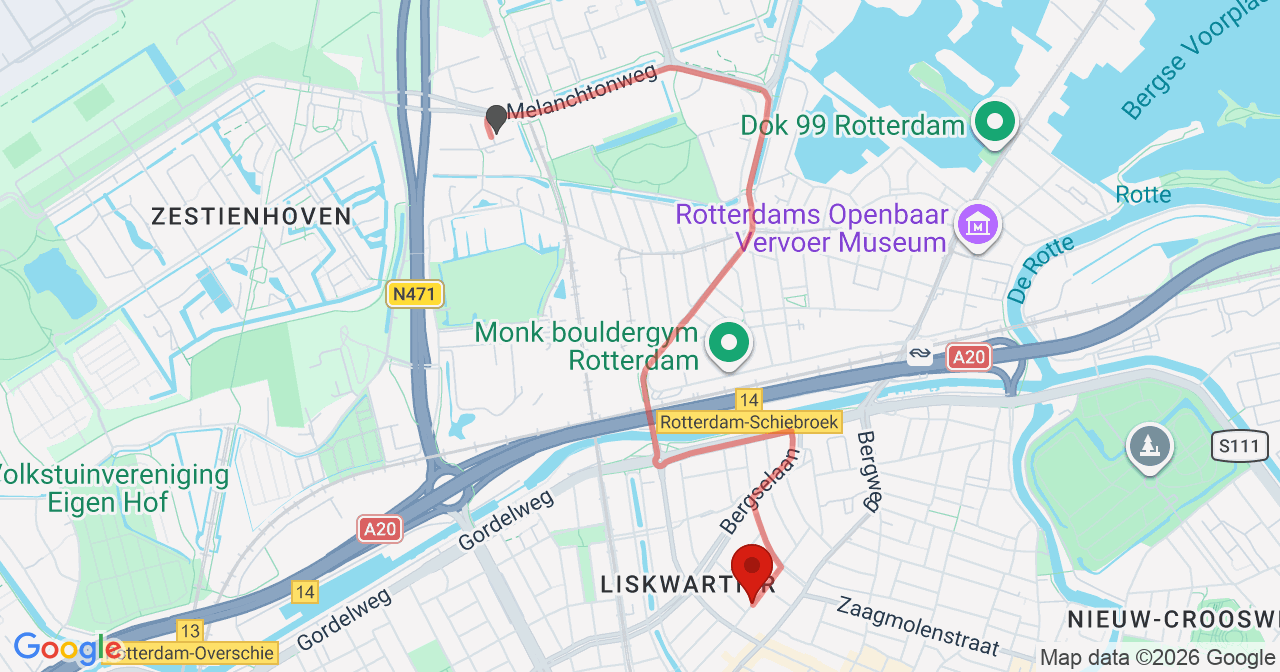 Kaart van het incident in Rotterdam met de aanrijroutes van de gealarmeerde eenheden