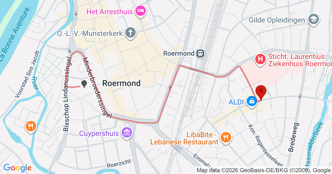Kaart van het incident in Roermond met de aanrijroutes van de gealarmeerde eenheden
