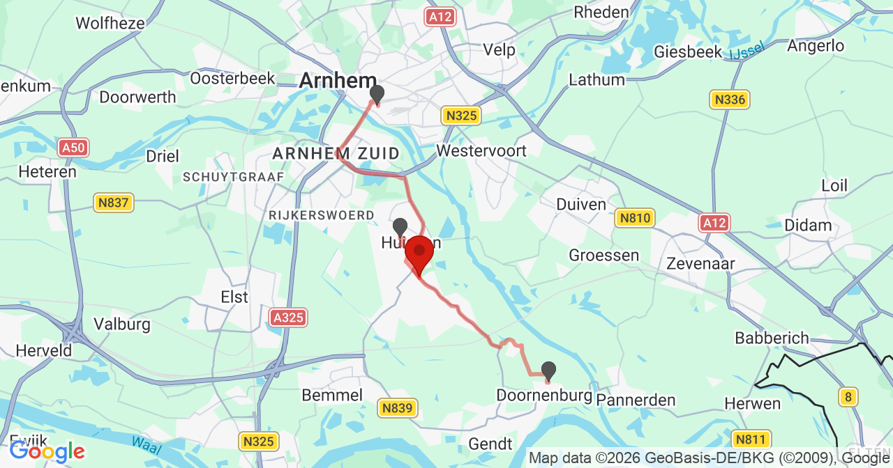 Kaart van het incident in Huissen met de aanrijroutes van de gealarmeerde eenheden